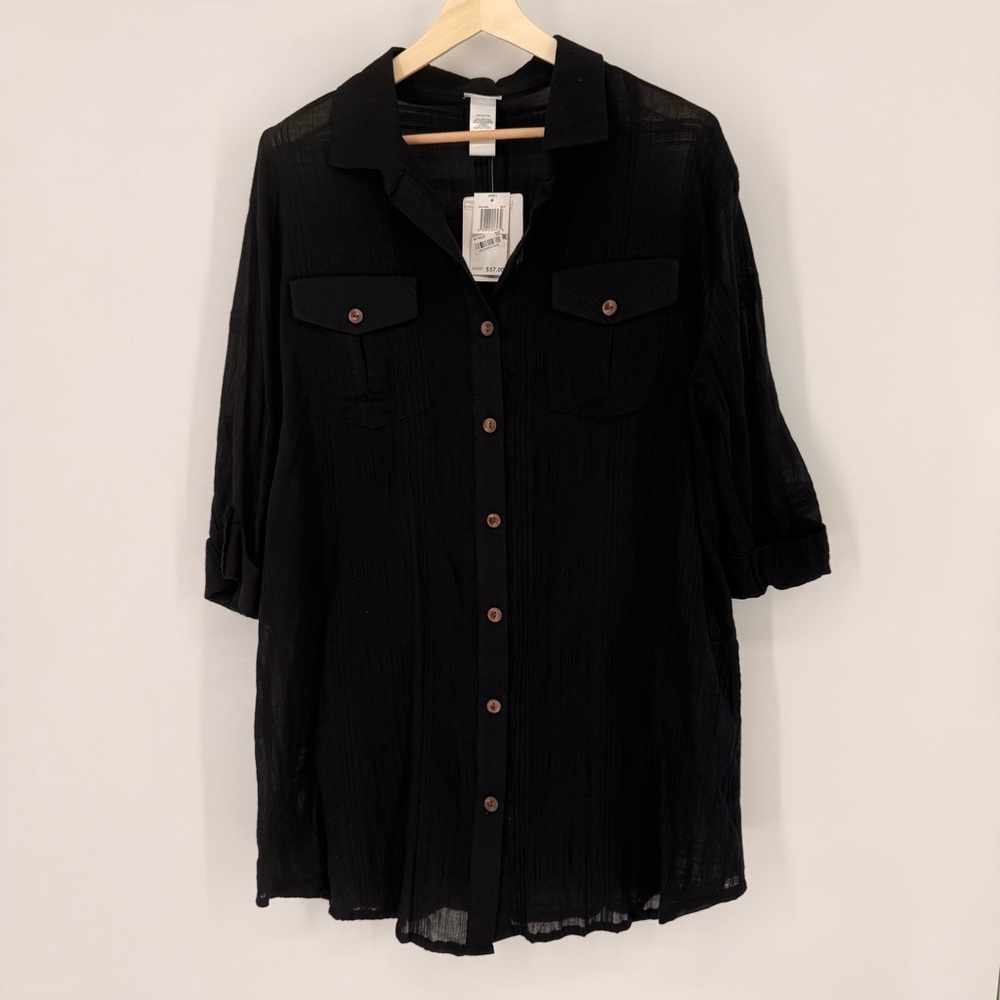NWT DOTTI Black 100% Cotton Swim Cover-up Shirt Size 1X